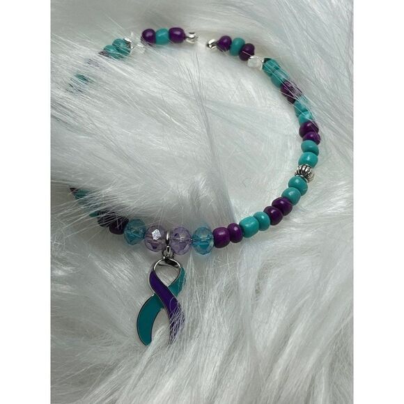 Handmade Purple and Teal Suicide Awareness Bracelet, Suicide Prevention Bracelet - Picture 3 of 8